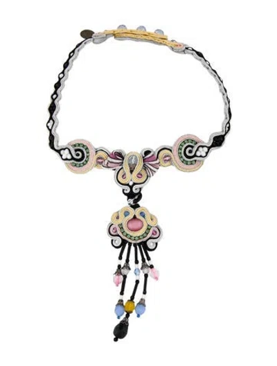 Pre-owned Dori Csengeri Leather, Bead & Crystal Choker Lavalier Necklace, 10.75" In Multi