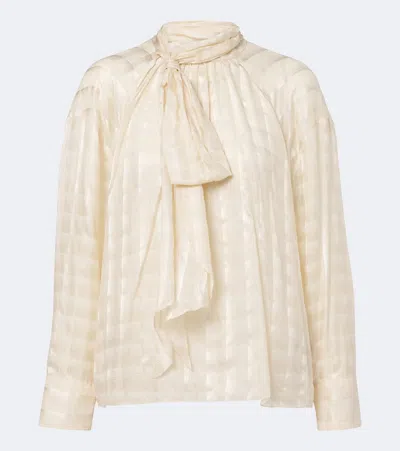 Dorothee Schumacher Lightweight Checked Cotton-silk Blend Shirt With Tie-neck Detail In Neutral
