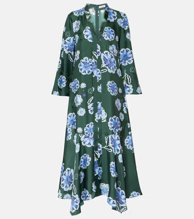Dorothee Schumacher Floral Print Silk Twill Midi Dress In Green