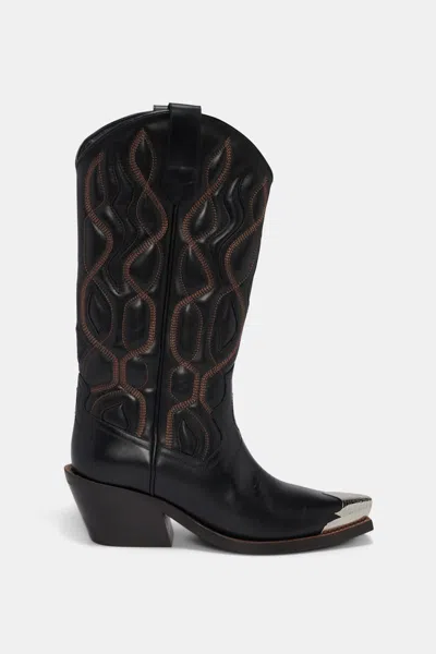 Dorothee Schumacher Calfskin Cowboy Boots With Western Toe Cap In Black