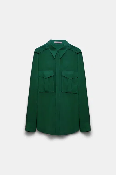 Dorothee Schumacher Crãªpe De Chine Silk Blouse With Epaulettes In Dark Green