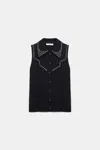 DOROTHEE SCHUMACHER EMBELLISHED SLEEVELESS KNIT SHIRT WITH POLO COLLAR