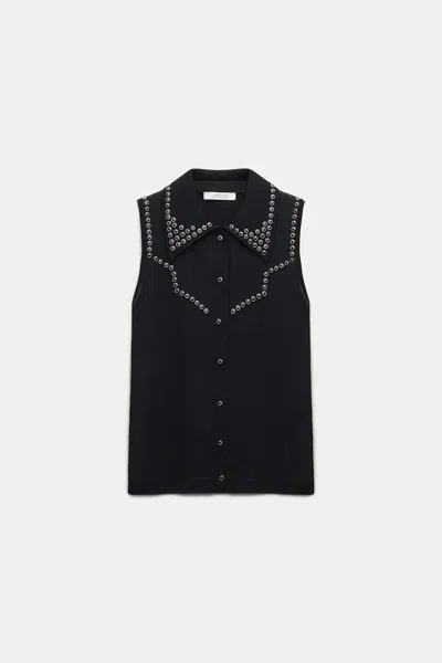 DOROTHEE SCHUMACHER EMBELLISHED SLEEVELESS KNIT SHIRT WITH POLO COLLAR