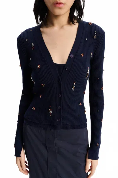 Dorothee Schumacher Embellished Merino Long Sleeve Twinset Cardigan In Blue Coral