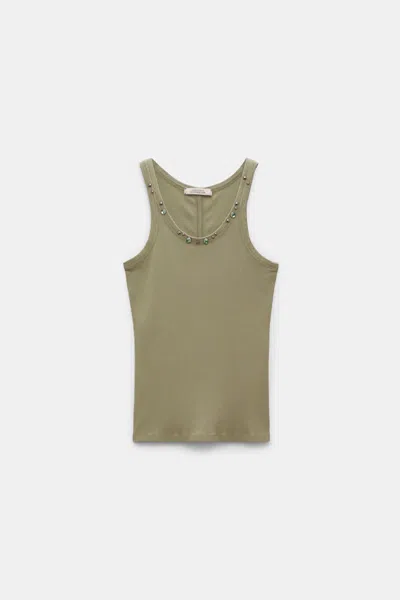 Dorothee Schumacher Embellished Ribbed Cotton Tank Top In Green