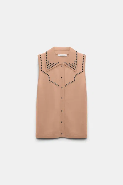 Dorothee Schumacher Embellished Sleeveless Knit Shirt With Polo Collar In Brown