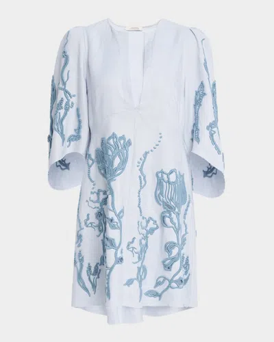 Dorothee Schumacher Embroidered Beauty High-low Linen Mini Dress In Whispering Blue