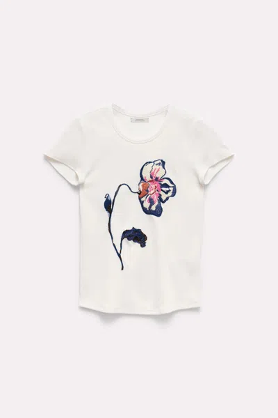 Dorothee Schumacher Fine Rib Stretch Cotton T-shirt With Floral Embroidery In White