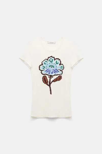 Dorothee Schumacher Fine Rib T-shirt With Flower Embroidery In Multi Colour