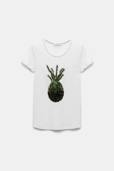 Dorothee Schumacher Fine Ribbed Cotton T-shirt With Pineapple Embroidery In White