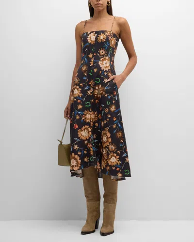 Dorothee Schumacher Floral Ease Ii High-low Linen Midi Dress In 097 - Dark Mix