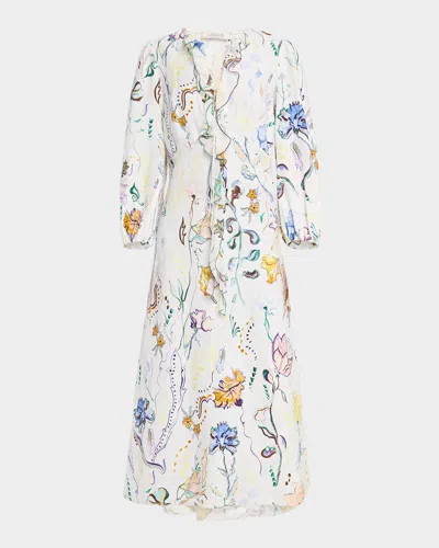 Dorothee Schumacher Floral Power Ruffle-front Linen Maxi Dress In White