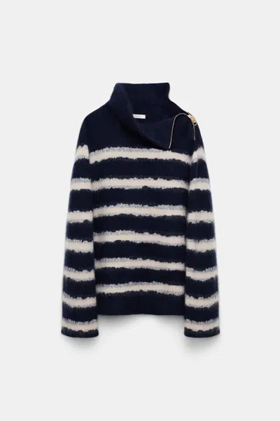 Dorothee Schumacher Fluffy Stripe Zip Turtleneck Sweater In Black