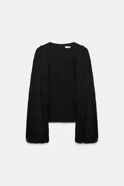 Dorothee Schumacher Fringe Sleeve Top In Punto Milano In Black