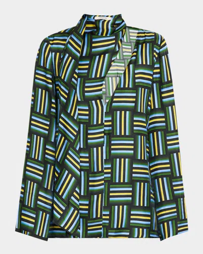 Dorothee Schumacher Graphic Drapes I Geometric-print Cutout Blouse In Weave Mix Blue-green