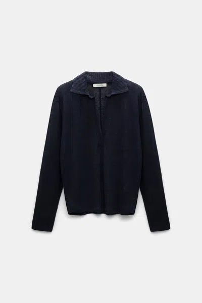 Dorothee Schumacher Hemp Longsleeve Polo Shirt With Ribbed Knit Collar
