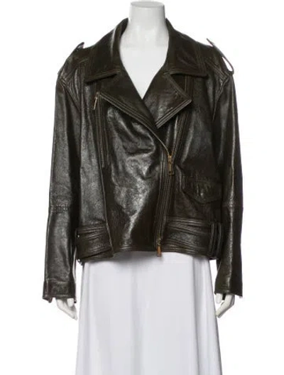 Pre-owned Dorothee Schumacher Lamb Leather Biker Jacket In Green