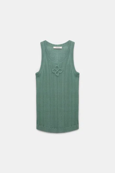 Dorothee Schumacher Linen Blend Ribbed Tank Top With D-rose Embroidery In Green