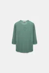 Dorothee Schumacher Linen Blend Ribbed Top With D-rose Embroidery In Green