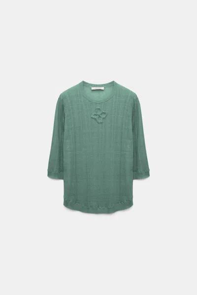 Dorothee Schumacher Linen Blend Ribbed Top With D-rose Embroidery In Green