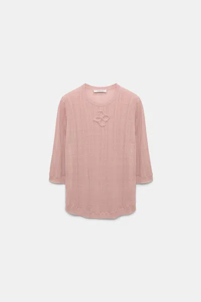Dorothee Schumacher Linen Blend Ribbed Top With D-rose Embroidery In Light Pink
