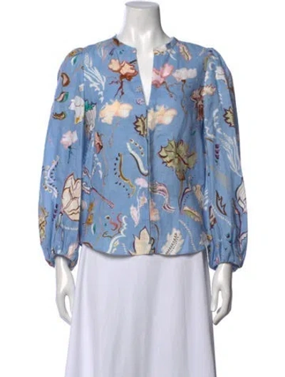 Pre-owned Dorothee Schumacher Linen Floral Print Blouse In Blue
