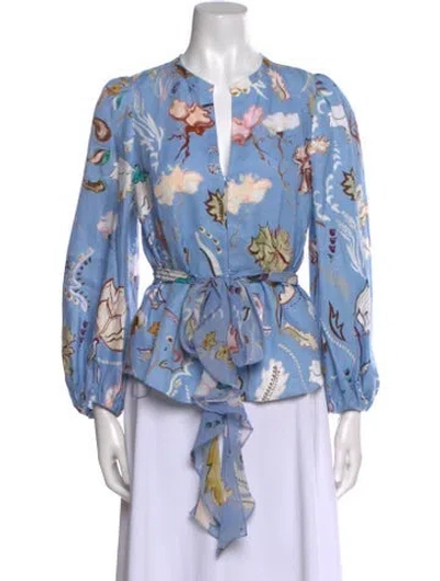Pre-owned Dorothee Schumacher Linen Floral Print Blouse W/ Tags In Blue