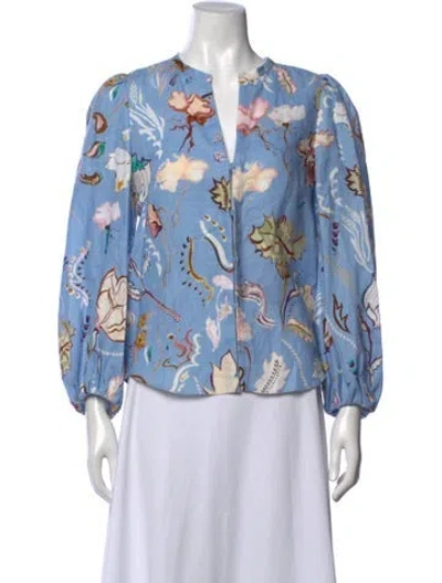 Pre-owned Dorothee Schumacher Linen Floral Print Blouse W/ Tags In Blue
