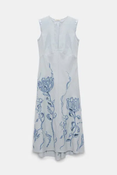 Dorothee Schumacher Linen Midi Dress With Decorative Embroidery In Blue