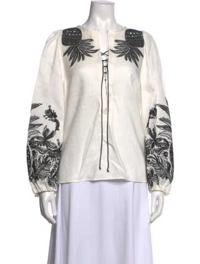 Pre-owned Dorothee Schumacher Linen Printed Blouse In White
