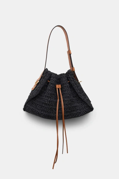 Dorothee Schumacher Petite Woven Raffia Drawstring Satchel With Leather Detailing In Black