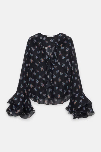 Dorothee Schumacher Printed Georgette Blouse With Ruffle Cuffs In Blue