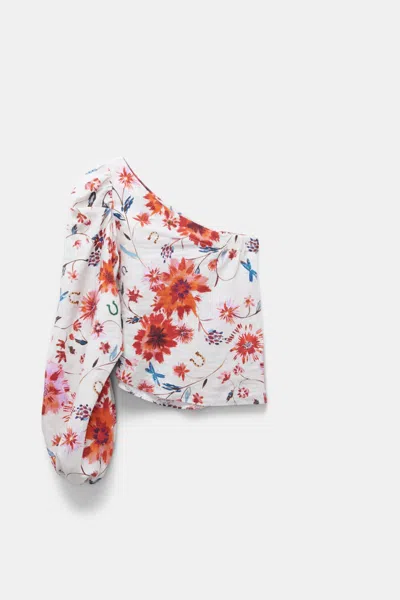 Dorothee Schumacher Printed Linen Asymmetrical Top With Voluminous Sleeve In Multi Colour