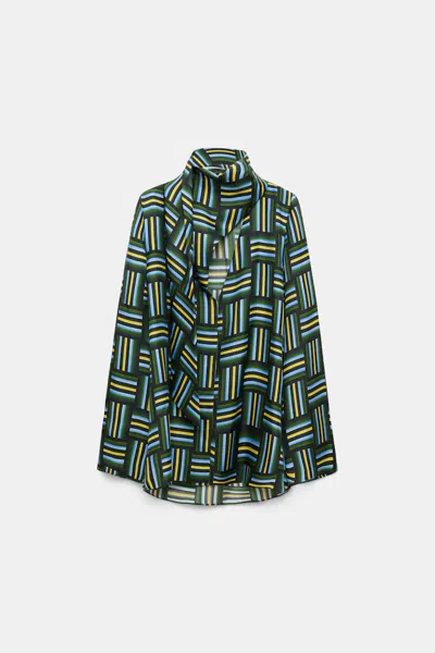 Dorothee Schumacher Printed Silk Twill Blouse With Draped Scarf In Blue