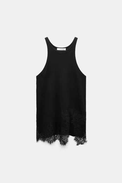 Dorothee Schumacher Rib Knit Cotton Tank Top With Lace Trim In Black