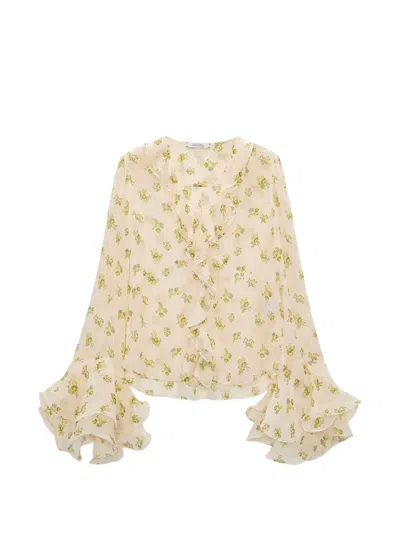 Dorothee Schumacher Printed Georgette Blouse With Ruffle Cuffs In Neutral