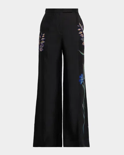 Dorothee Schumacher Seductive Bloom Floral-print Silk Twill Pants In Black