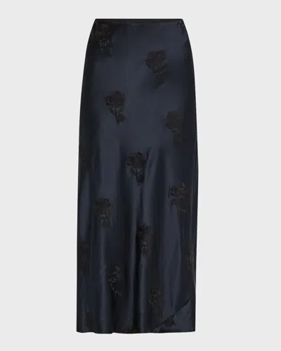 Dorothee Schumacher Sense Of Shine Ii Embroidered Satin Midi Skirt In Satin Embroidery Navyblack