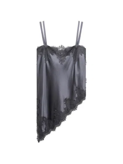 Dorothee Schumacher Sense Of Shine Lace-trim Asymmetric Blouse In Grey