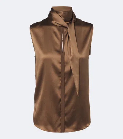 Dorothee Schumacher Sense Of Shine Tie-neck Silk-blend Satin Top In Brown