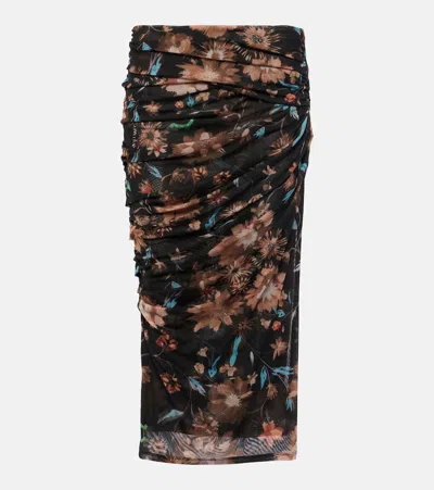 Dorothee Schumacher Sheer Flowers Floral Draped Midi Skirt In  Dark Mix