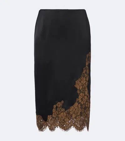 Dorothee Schumacher Shiny Statement Lace-trimmed Satin Midi Skirt In Black