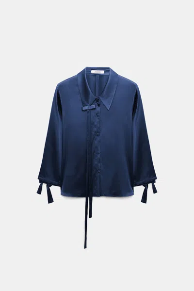 Dorothee Schumacher Slim Satin Blouse With Ties In Blue