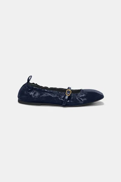 Dorothee Schumacher Square Toe Shiny Leather Flats With Signature Buckle In Blue