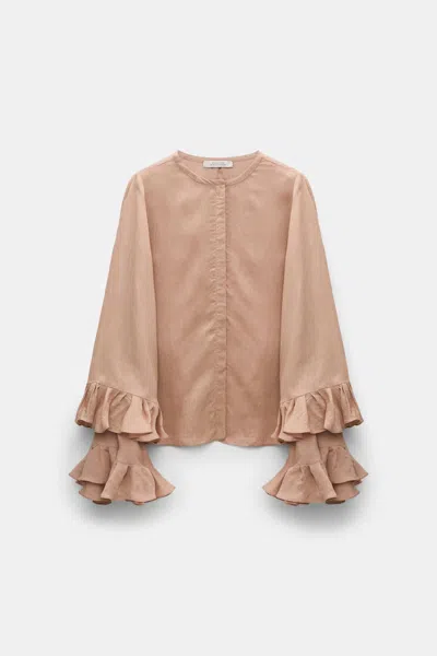 Dorothee Schumacher Striped Organdy Voile Blouse With Flounce Cuffs In Brown