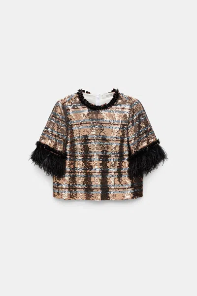 Dorothee Schumacher Striped Sequin T-shirt With Feather Cuffs In Metallic
