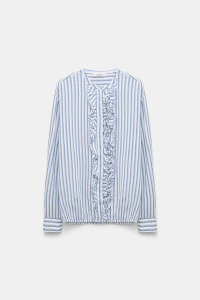 Dorothee Schumacher Striped Silk-viscose Blouson-style Blouse With Ruffles In Blue