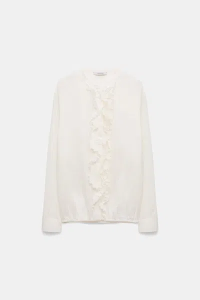 Dorothee Schumacher Striped Silk-viscose Blouson-style Blouse With Ruffles In White