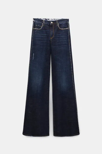 Dorothee Schumacher Studded Wide Leg Jeans With Frayed Waistband In Blue