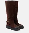 Dorothee Schumacher Tall Waxed Suede Combat Boots With Signature D-ring In Brown
